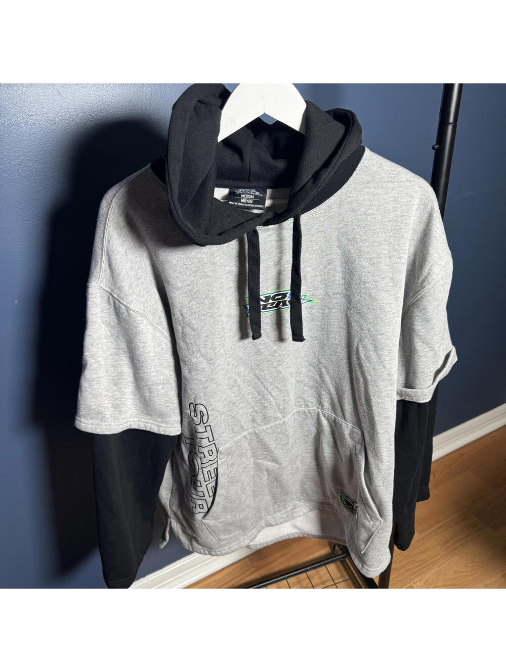 Y2K No Fear Street Tour 89 Layered Hoodie – Medium – Grey/Black